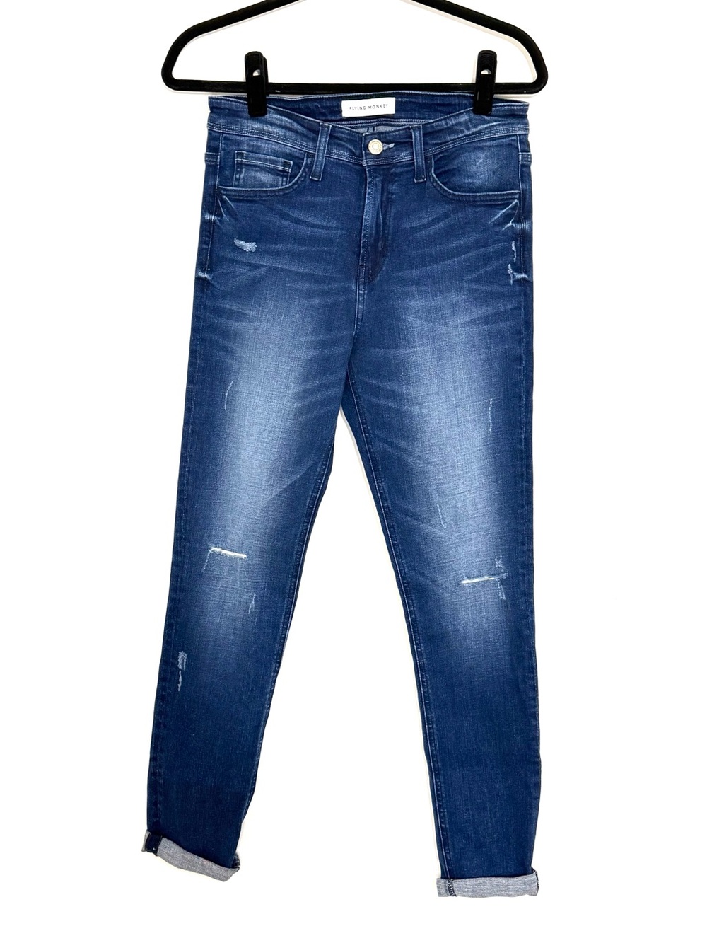 Flying Monkey Women’s Distressed Skinny Jeans Dark Blue Wash Cuff Premium Denim
